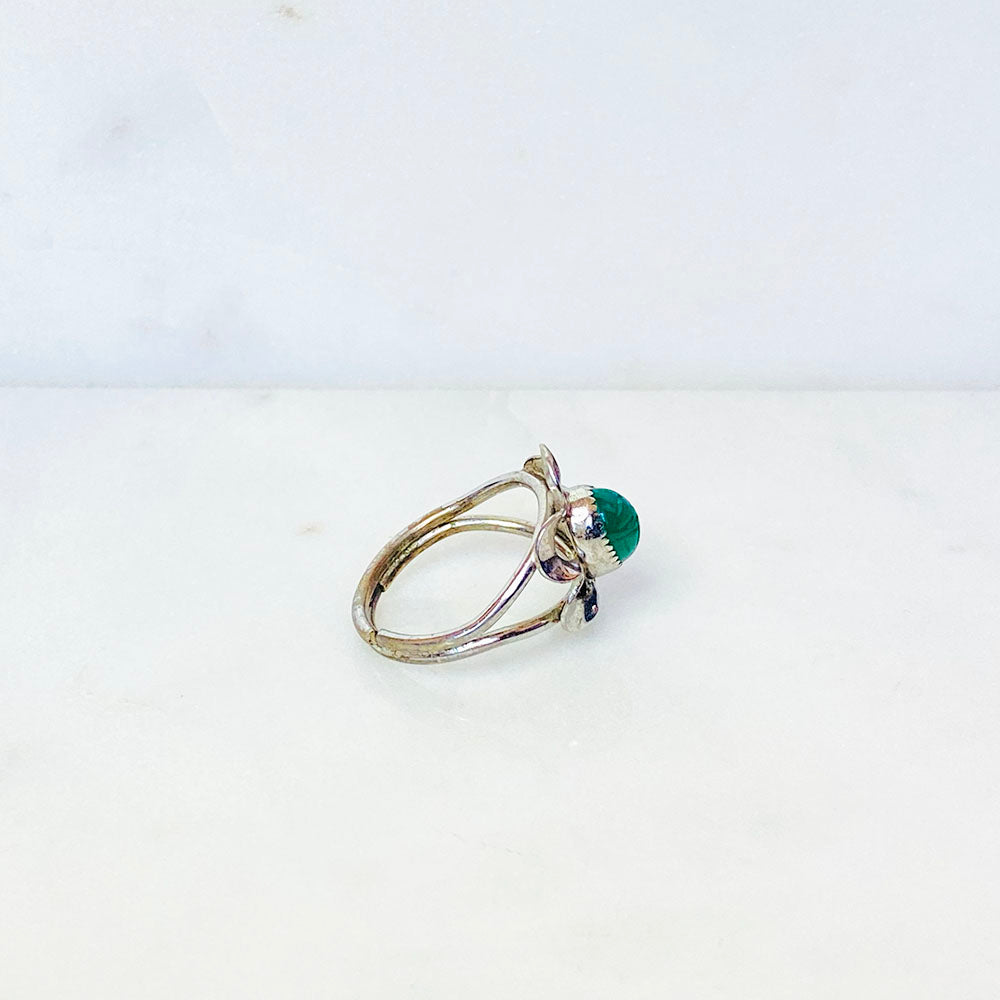 80's Silver Tone Green Scarab Flower Adjustable Ring