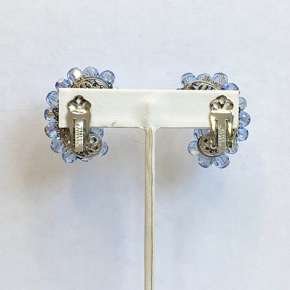 Vintage 60's Alice Caviness Blue Aurora Borealis Crystal Clip On Earrings