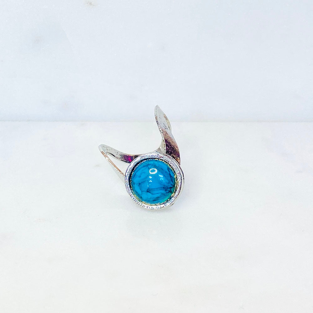 70's Silver Tone Futuristic V Turquoise Ring