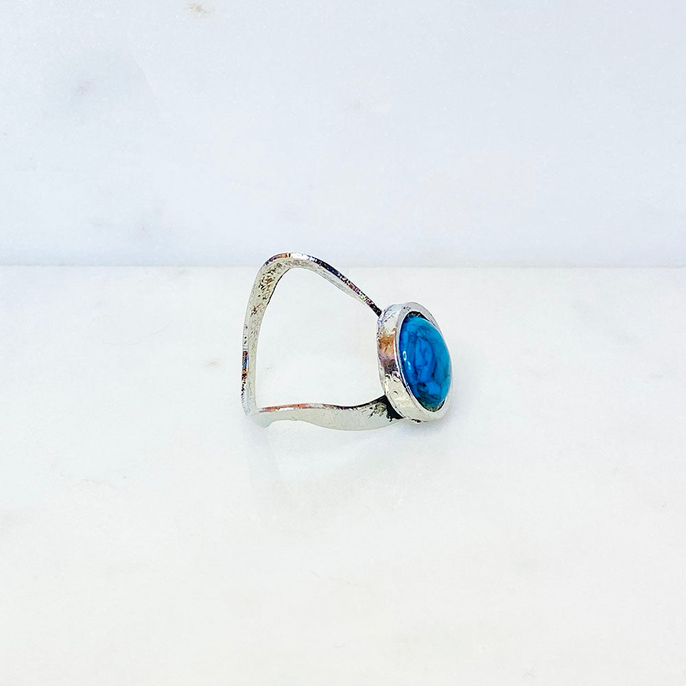 70's Silver Tone Futuristic V Turquoise Ring