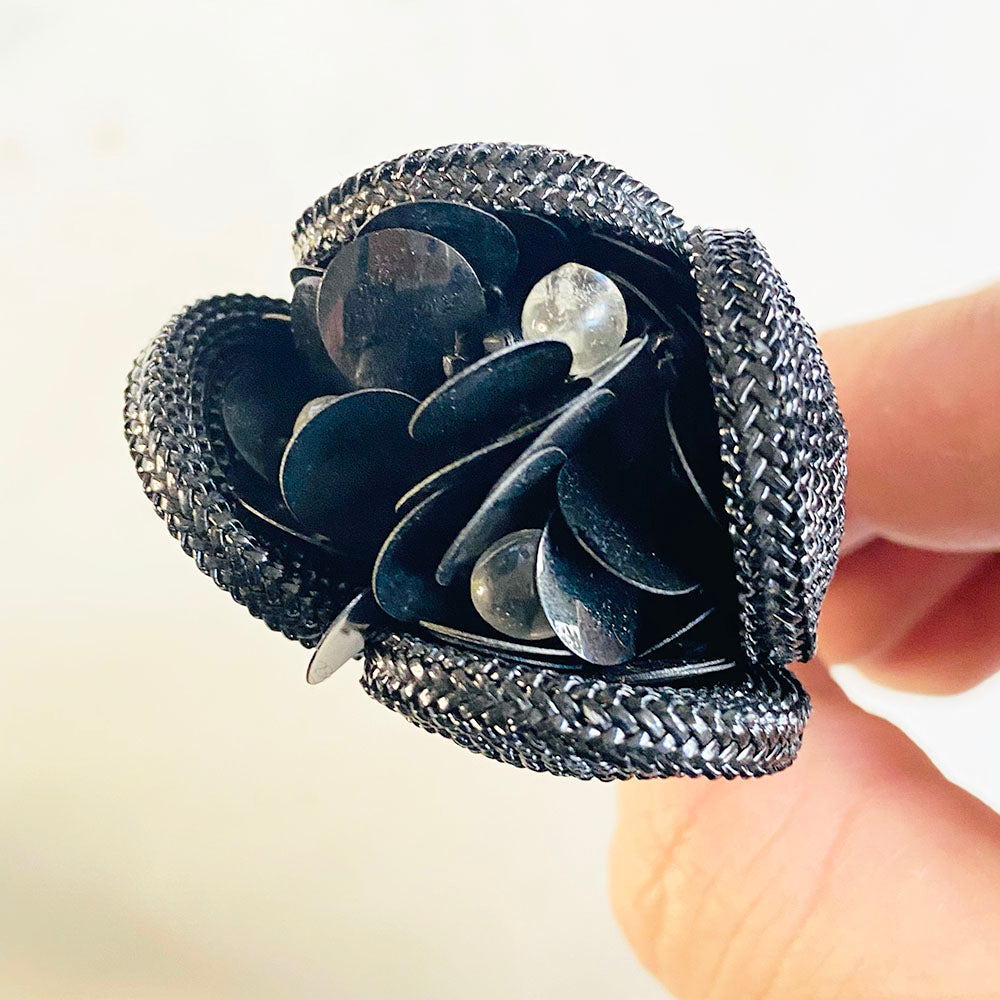 40's Braided Black Flower Statement Hat Pin