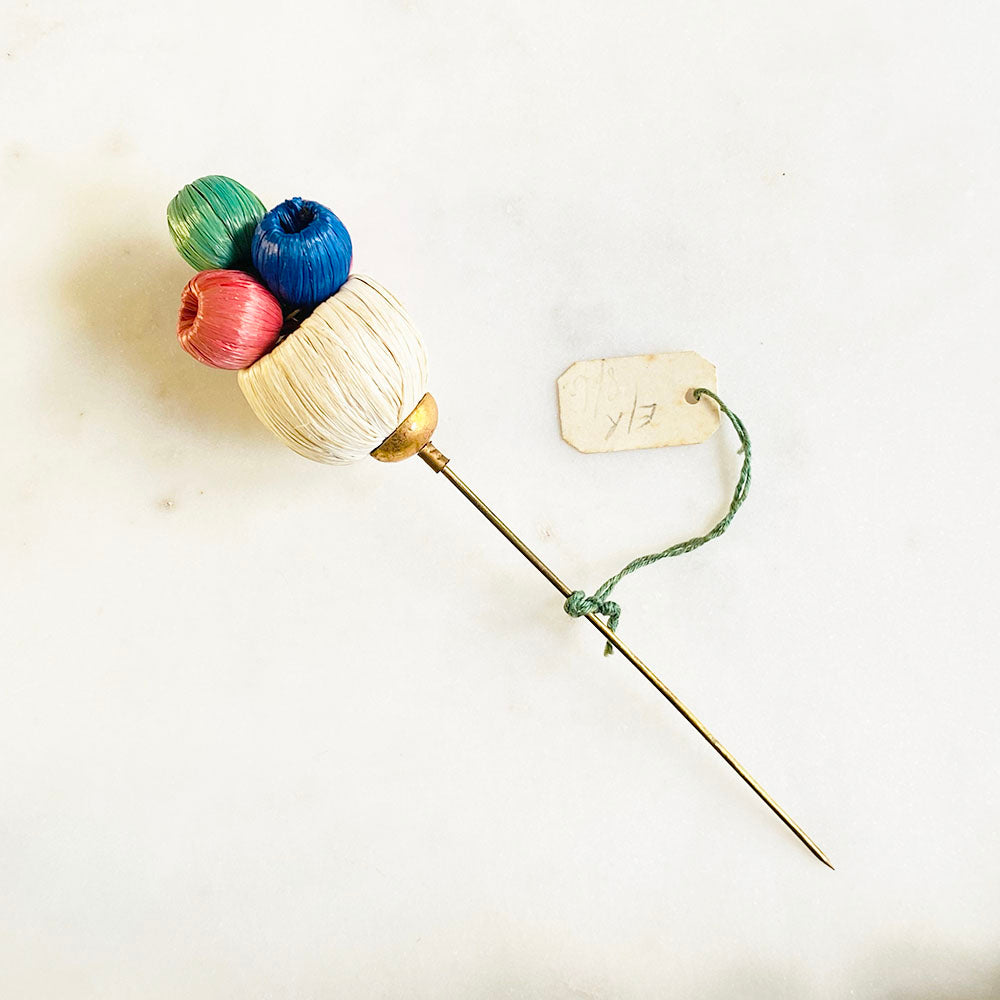 40's Raffia Wrapped Multicolor Ball Nest Hat Pin