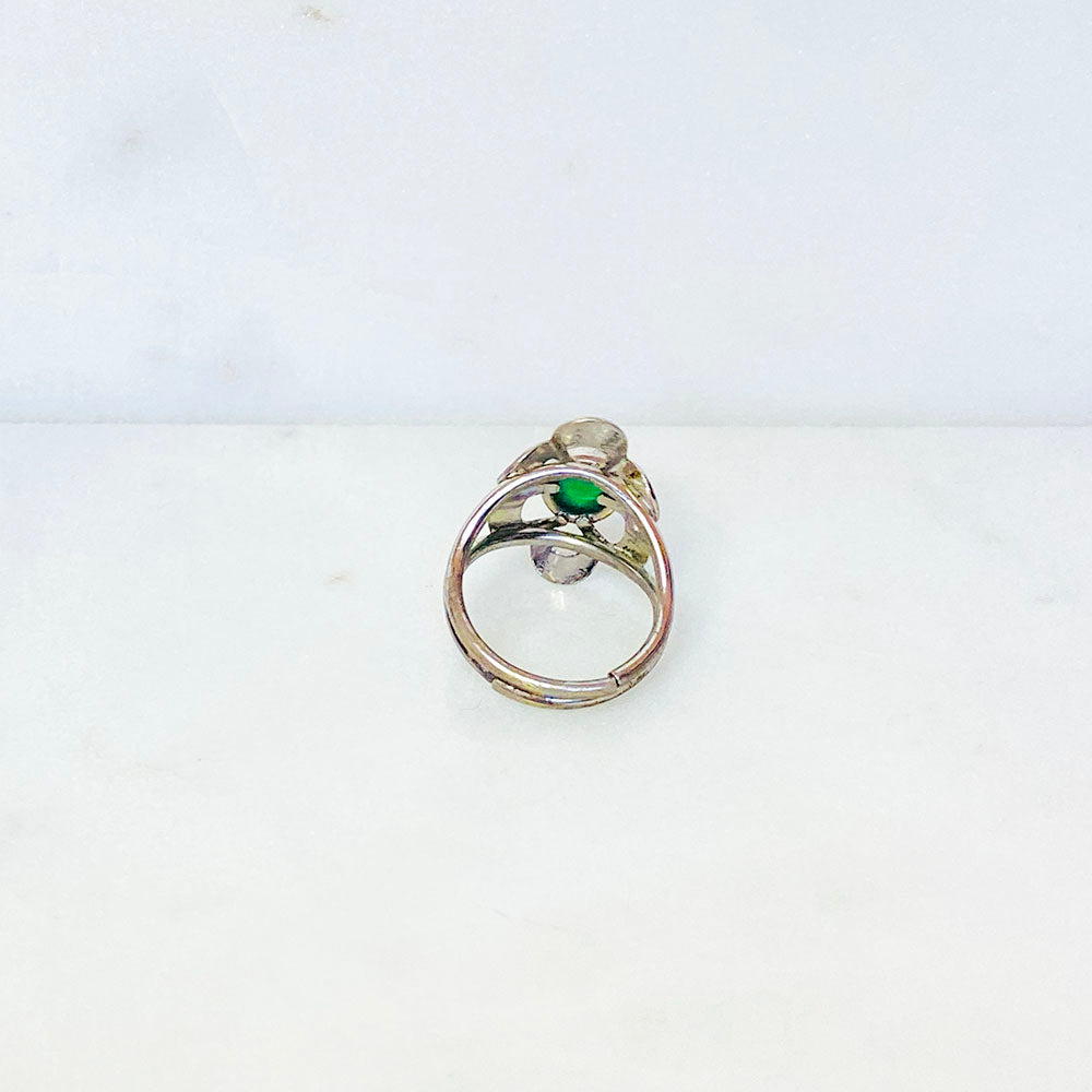 80's Silver Tone Green Scarab Flower Adjustable Ring