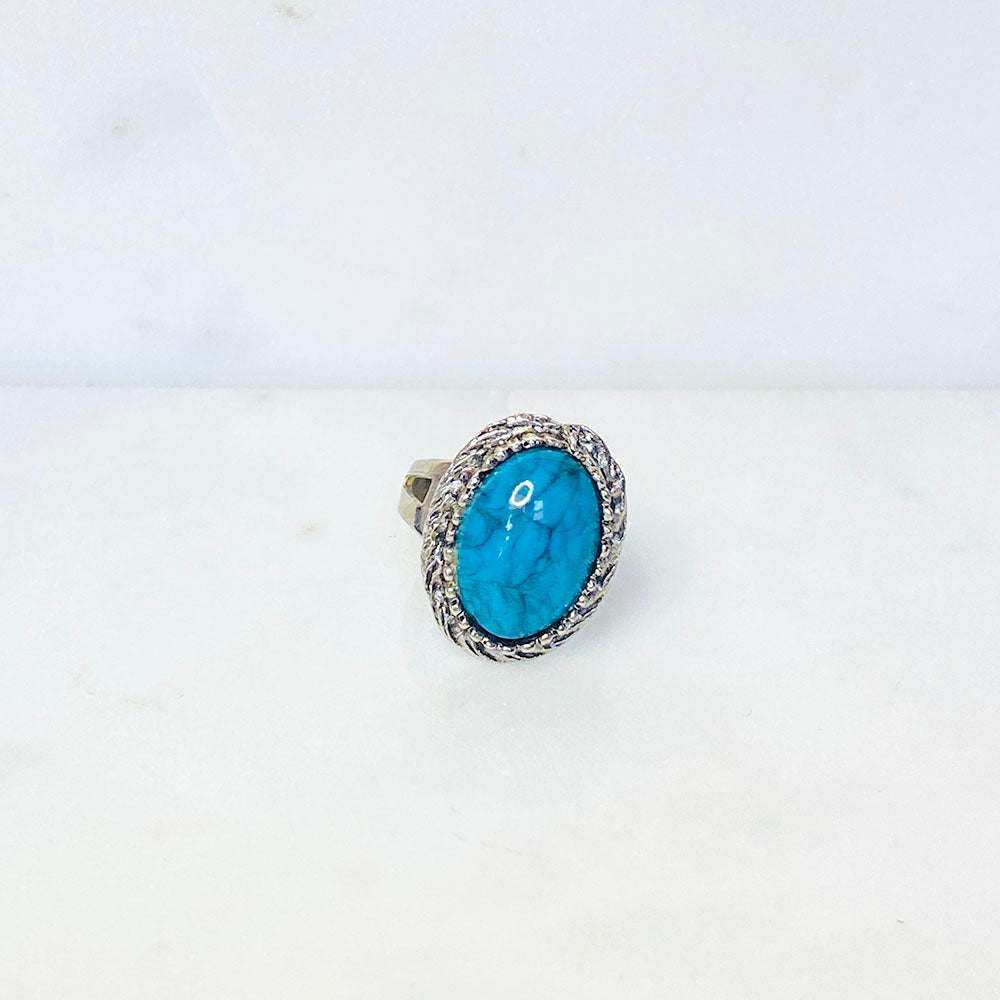 70's Silver Tone Faux Turquoise Oval Adjustable Ring