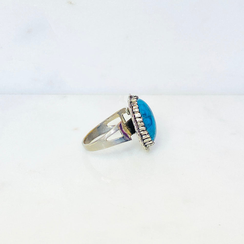 70's Silver Tone Faux Turquoise Oval Adjustable Ring
