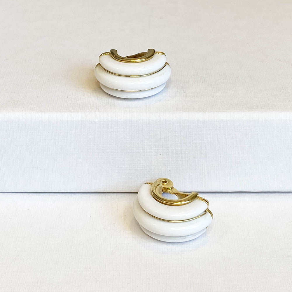 Vintage 1951 Monet Gold Tone White Ribbed Clip On Earrings